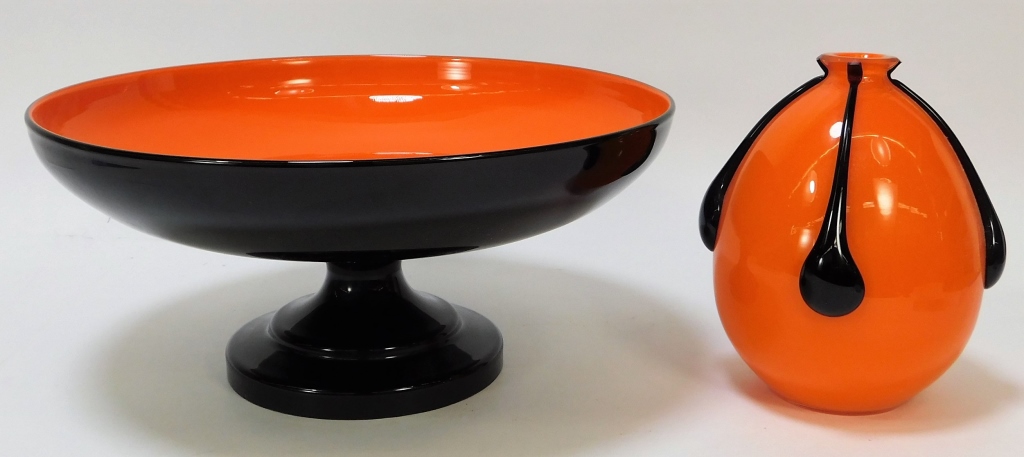 Appraisal: PC KRALIK BLACK ORANGE BOHEMIAN ART GLASS VESSELS Bohemia th