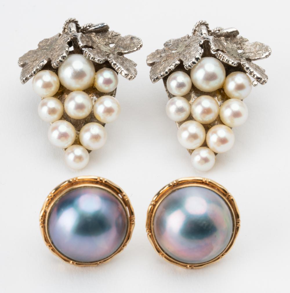 Appraisal: TWO PAIRS OF KARAT GOLD CULTURED PEARL EARRINGScomprising one pair