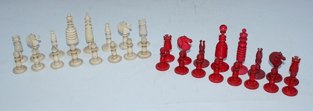 Appraisal: A TURNED AND STAINED BONE CHESS SET cm high with