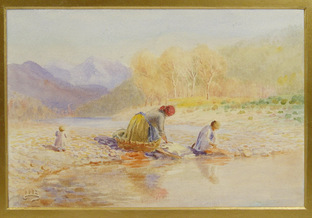 Appraisal: LLB - Watercolour of figures washing in a stream -