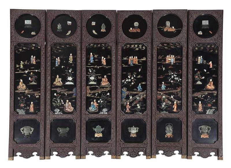 Appraisal: Chinese Lacquer and Stone Six Panel Floor Screen late th