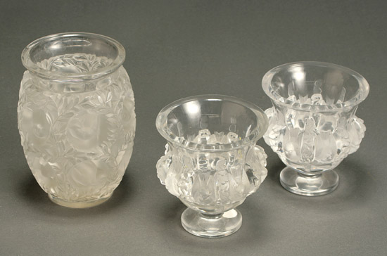 Appraisal: Group of Three Lalique Frosted and Molded Glass Vases Consisting