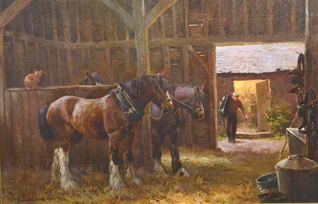 Appraisal: ROSEMARY SARAH WELCH b Preparing the horses signed oils on