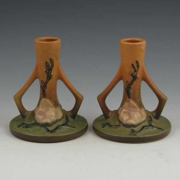 Appraisal: Roseville Magnolia candlesticks in brown Marked Roseville USA - Mint