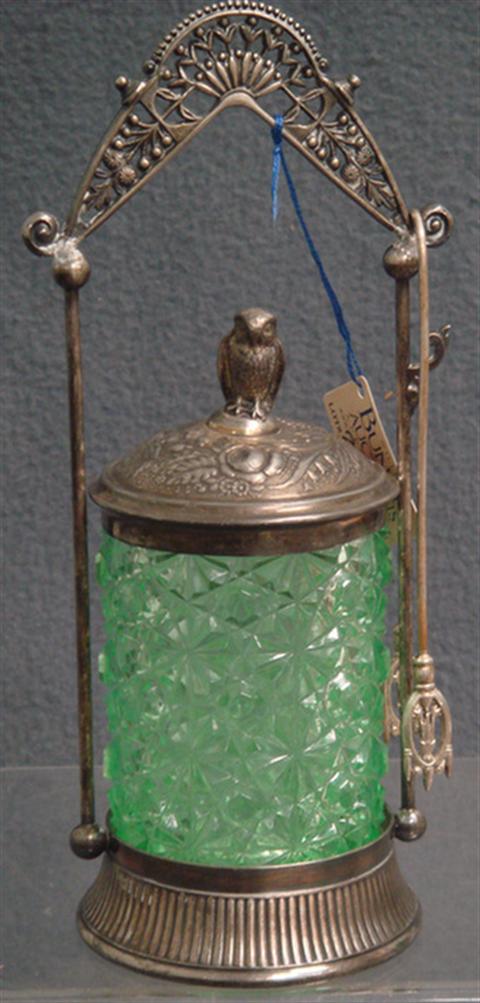 Appraisal: Plated silver Victorian pickle jar light green button daisy insert