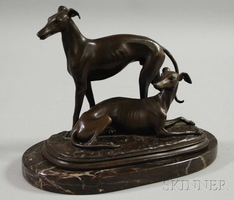 Appraisal: Patinated Bronze Hounds Figural Group impressed C Jullien with marble