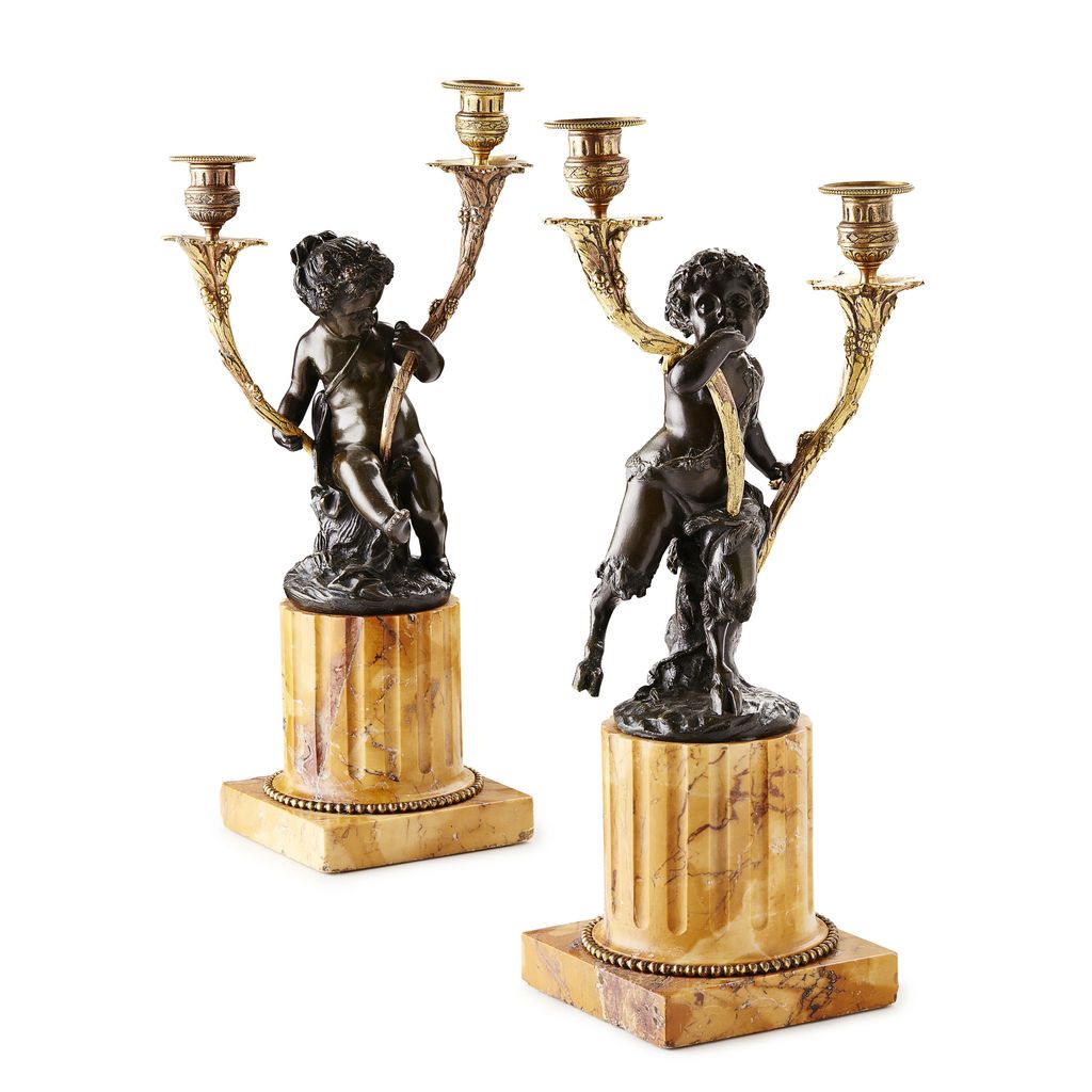 Appraisal: FINE PAIR OF FRENCH GILT AND PATINATED BRONZE CANDELABRA AFTER