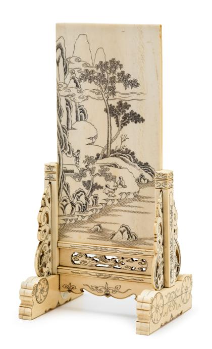 Appraisal: Chinese elephant ivory and inkwork table screen qing dynasty The