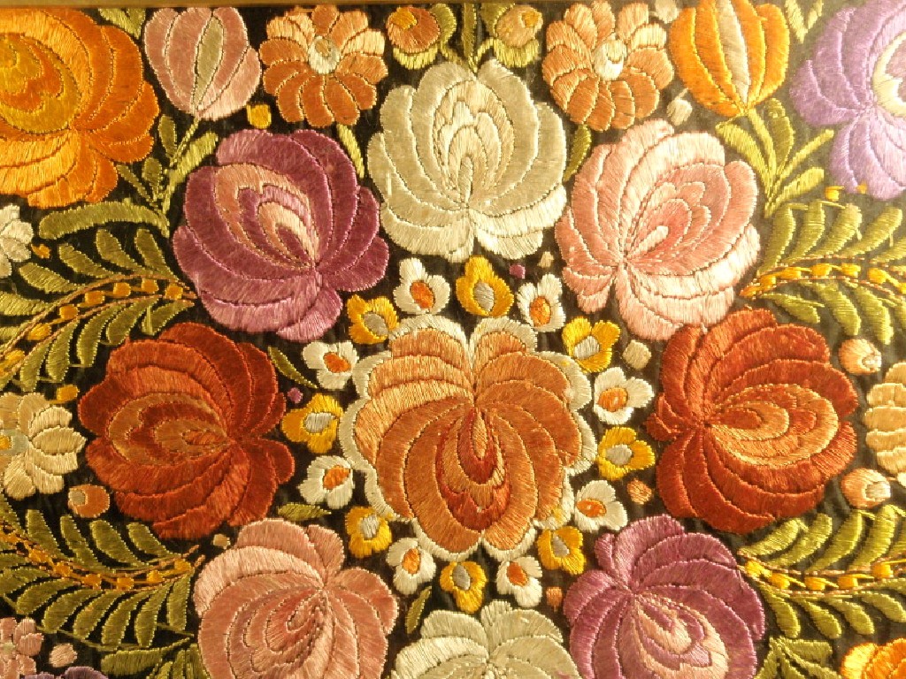 Appraisal: A silk needlework panel floral motifs cm by cm in