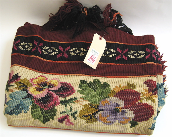 Appraisal: HAND KNITTED WOOL THROW BLANKET with colorful floral decorated striped