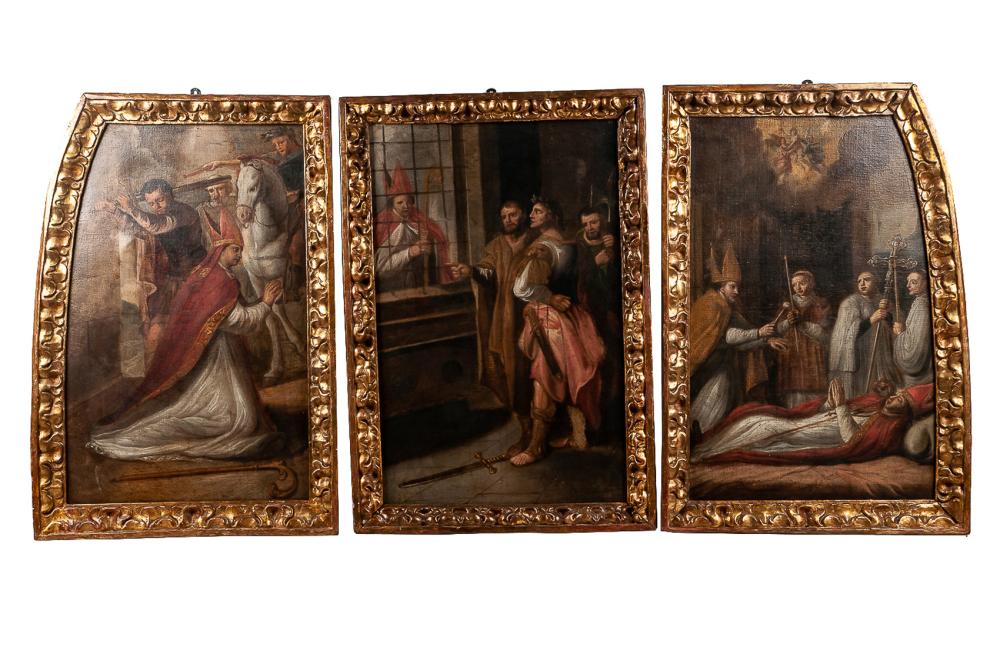 Appraisal: SPANISH SCHOOL RELIGIOUS TRIPTYCH oil on canvas the two ends