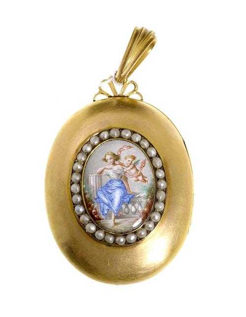 Appraisal: GOLD ENAMEL AND PEARL MEDALLION PENDANT ca Yellow gold Beautiful