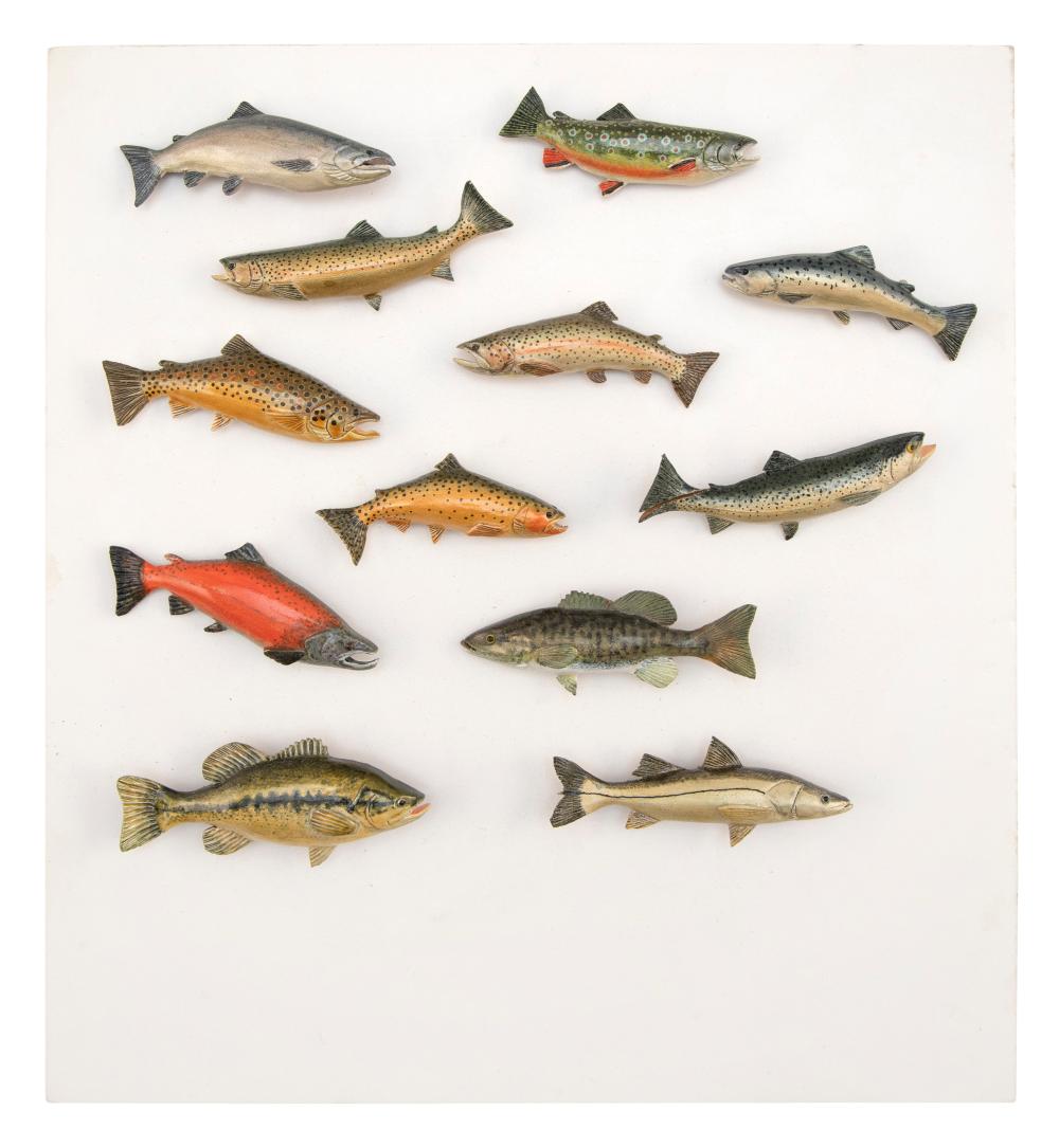 Appraisal: TWELVE EXCEPTIONAL HAND-CARVED WOODEN FISH PINS TH CENTURY LENGTHS FROM