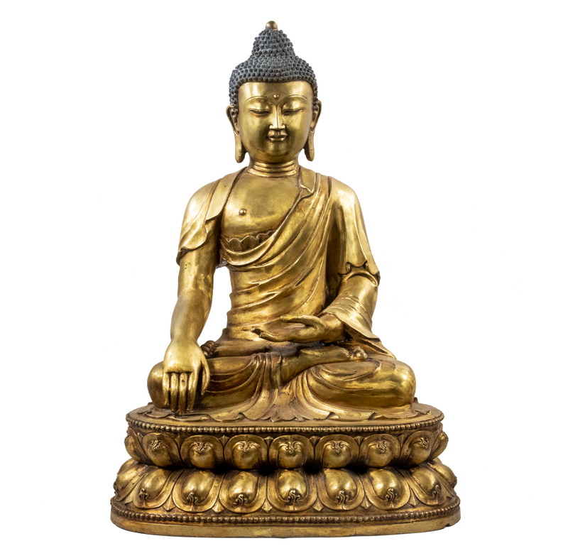 Appraisal: CHINESE GILDED BRONZE BUDDHA SCULPTURE Large Bronze Seated Bhumisparsha Buddha