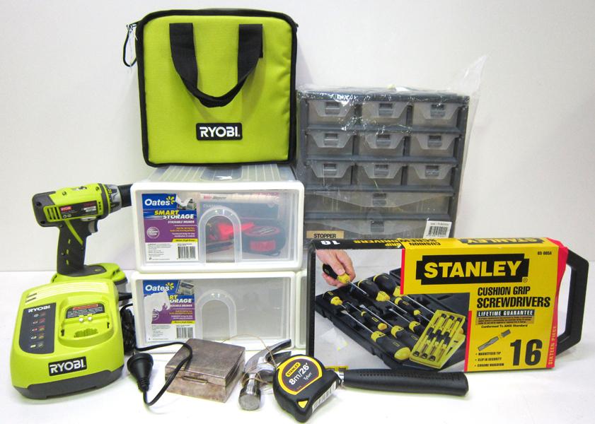 Appraisal: A RYOBI DRILL SCREWDRIVER SET VARIOUS TOOLS AND STORAGE CONTAINERS