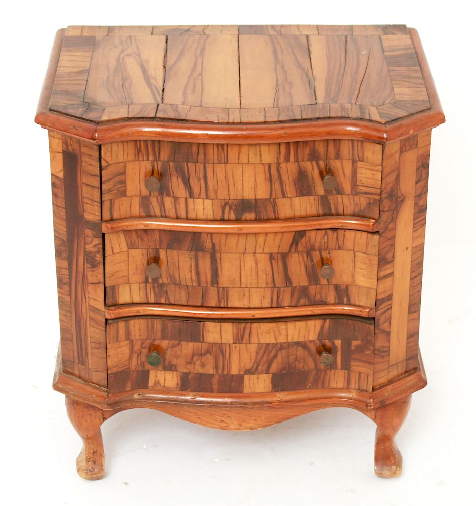 Appraisal: Continental Mini Commode w Exotic Wood Veneer Continental miniature three-drawer