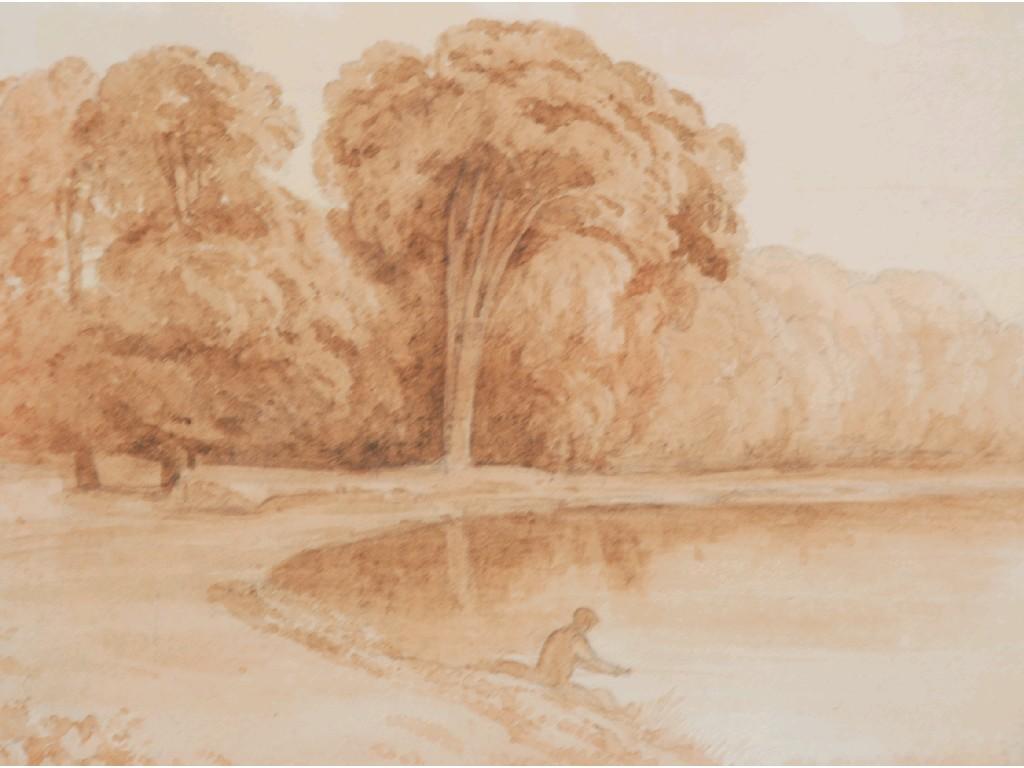 Appraisal: ATTRIBUTED TO GEORGE BARRET - SEPIA WATER COLOUR DRAWING Wooded