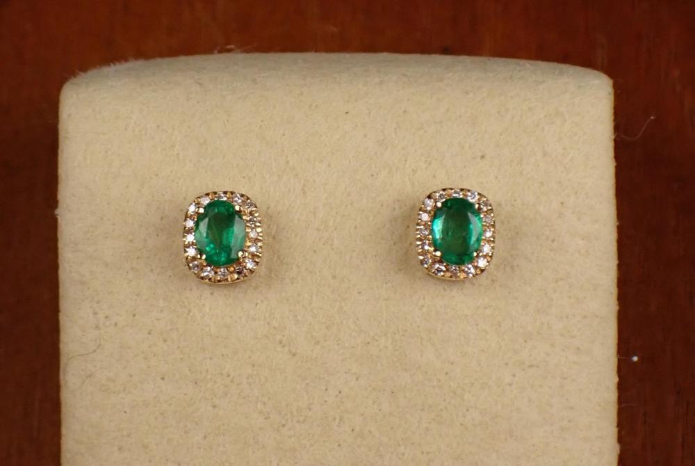 Appraisal: PAIR OF EMERALD AND DIAMOND STUD EARRINGS each k yellow