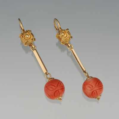 Appraisal: A Pair of k Gold and Carved Coral Earrings k