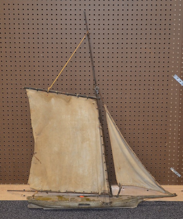 Appraisal: Wooden pond sail boat tears in sails as found barn