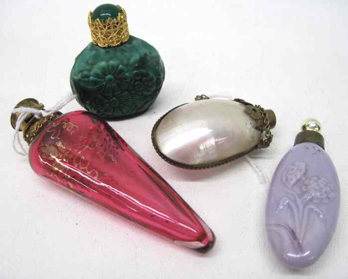 Appraisal: THREE SCENT BOTTLES A SNUFF BOTTLE pieces scent bottles include