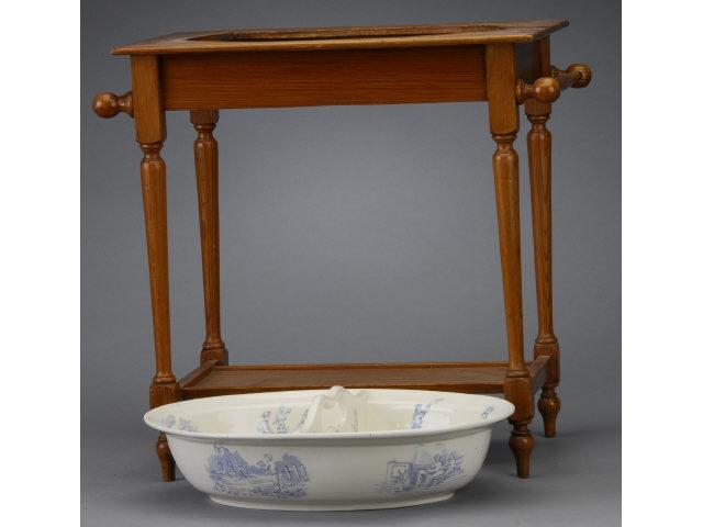 Appraisal: Child-Size Washstand with Porcelain Bowl Ca poplar rectangular stand with