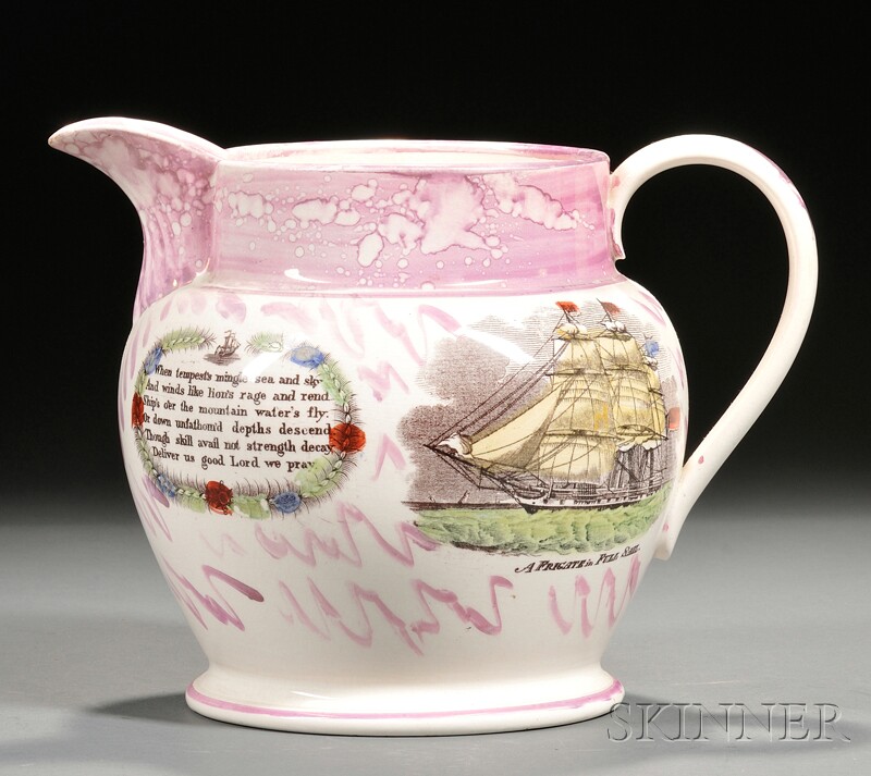 Appraisal: Large Sunderland Pink Lustre Transfer-decorated Pottery Jug England th century