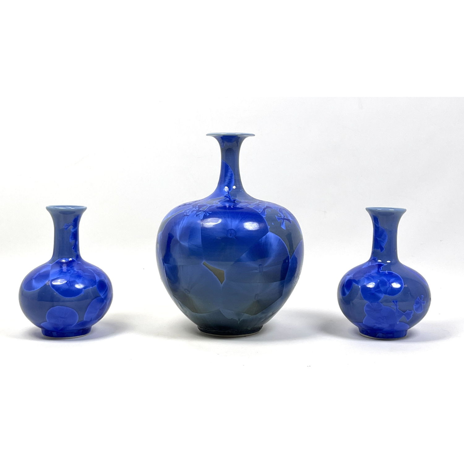 Appraisal: Set Blue Crystalline Glazed Pottery Vases Largest has Asian Marks