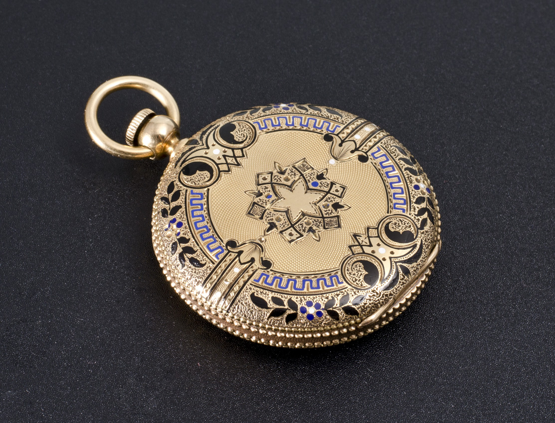 Appraisal: K YELLOW GOLD AND ENAMEL WALTHAM HUNTER CASE POCKET WATCH