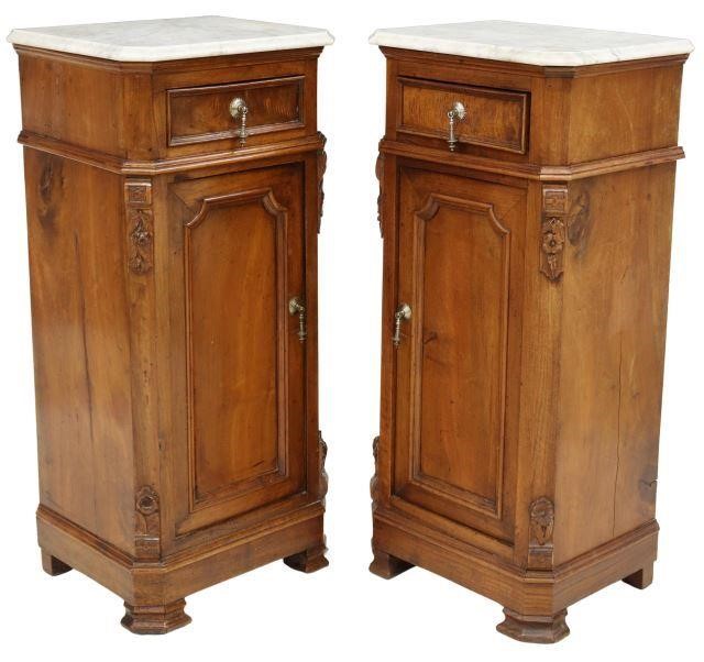 Appraisal: pair Italian marble-top walnut nightstands late th c case fitted