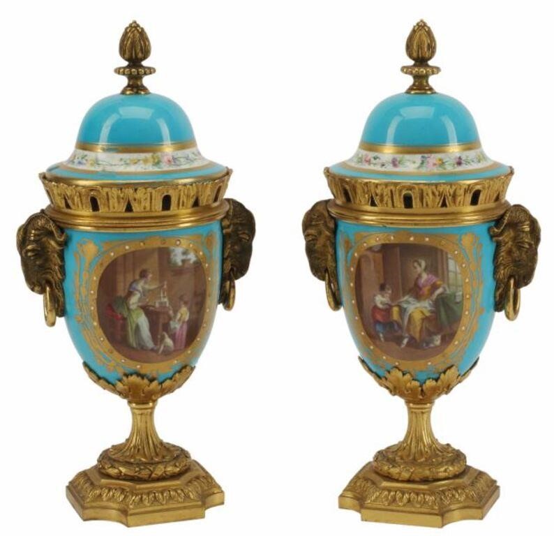 Appraisal: pair Sevres style porcelain urns in transfer-printed designs with bronze