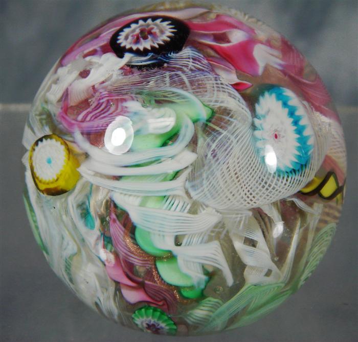 Appraisal: Millifiori lattice paperweight dated on interior pink green yellow white