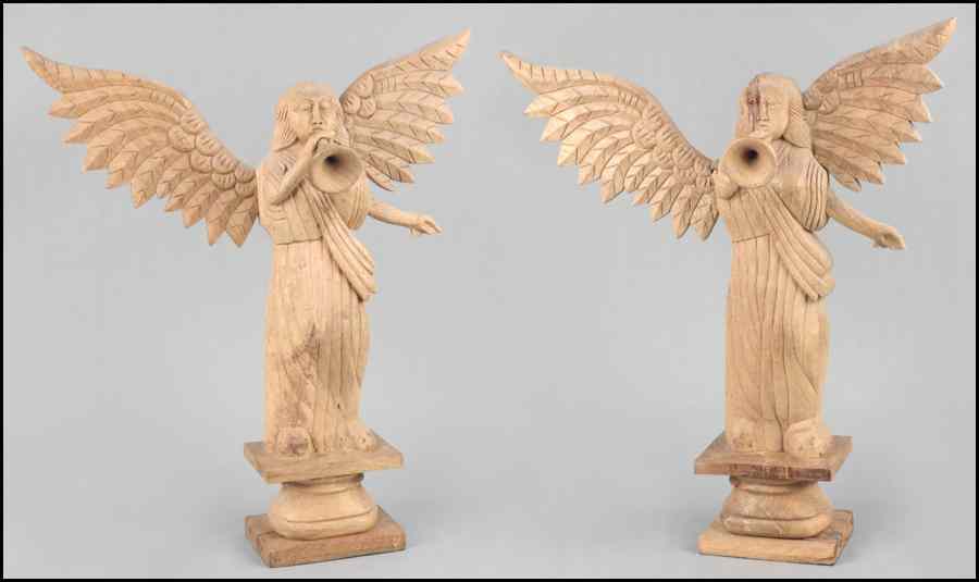 Appraisal: PAIR OF INDIAN CARVED WOOD ANGELS H '' W ''