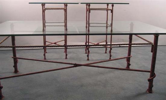 Appraisal: Three Tables with glass tops and twisted steel frames Red