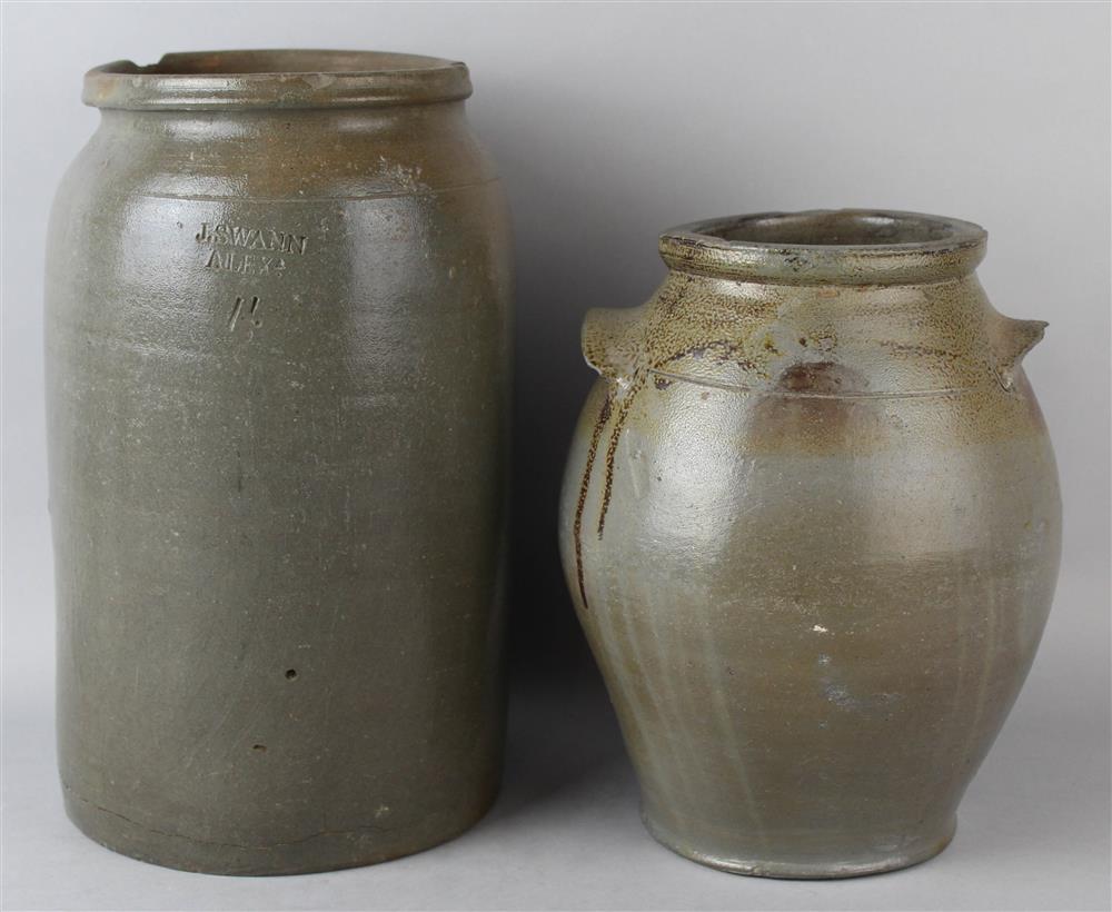 Appraisal: TWO ALEXANDRIA VA JOHN SWANN STONEWARE JARS the largest one