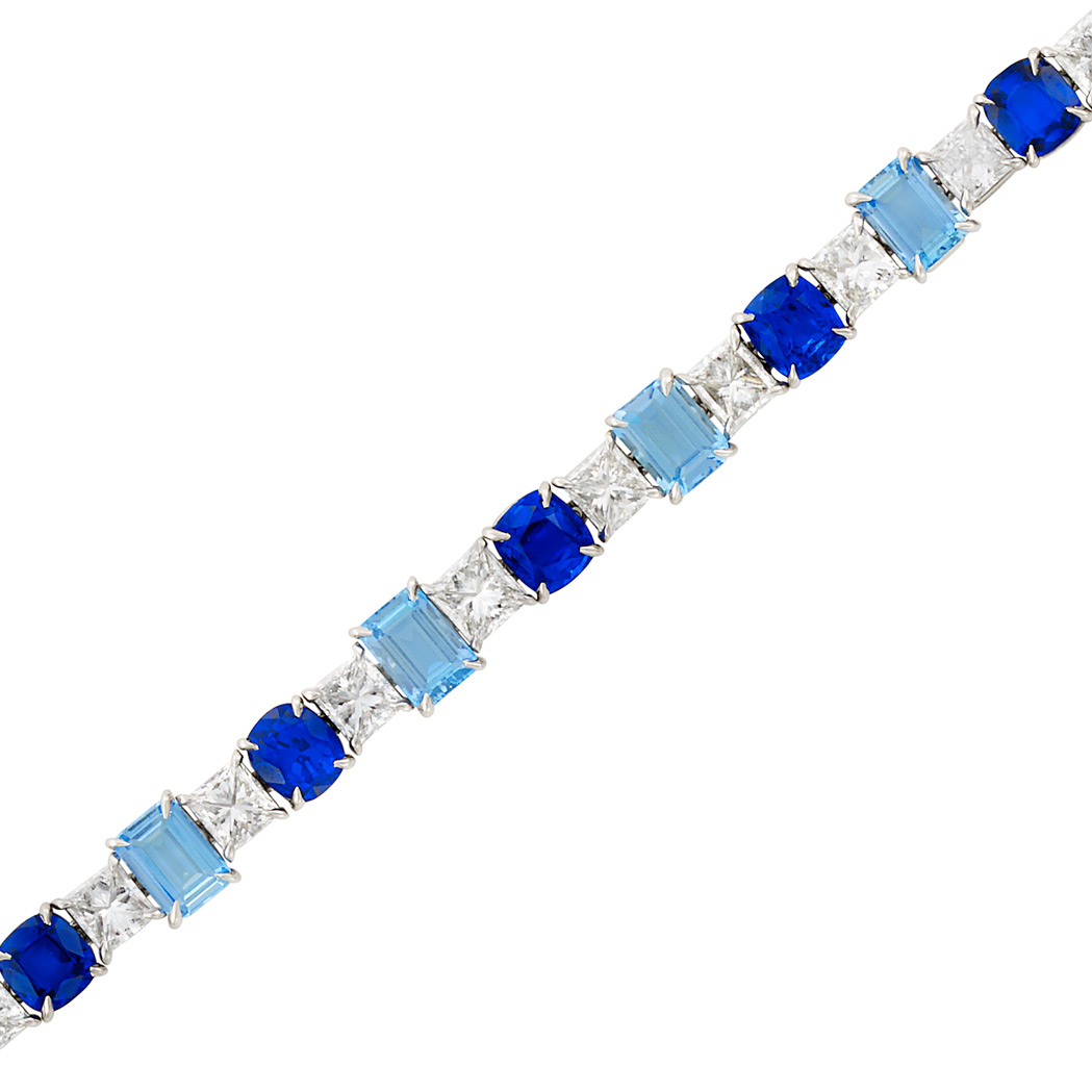 Appraisal: Platinum Diamond Sapphire and Aquamarine Bracelet princess-cut diamonds ap cts