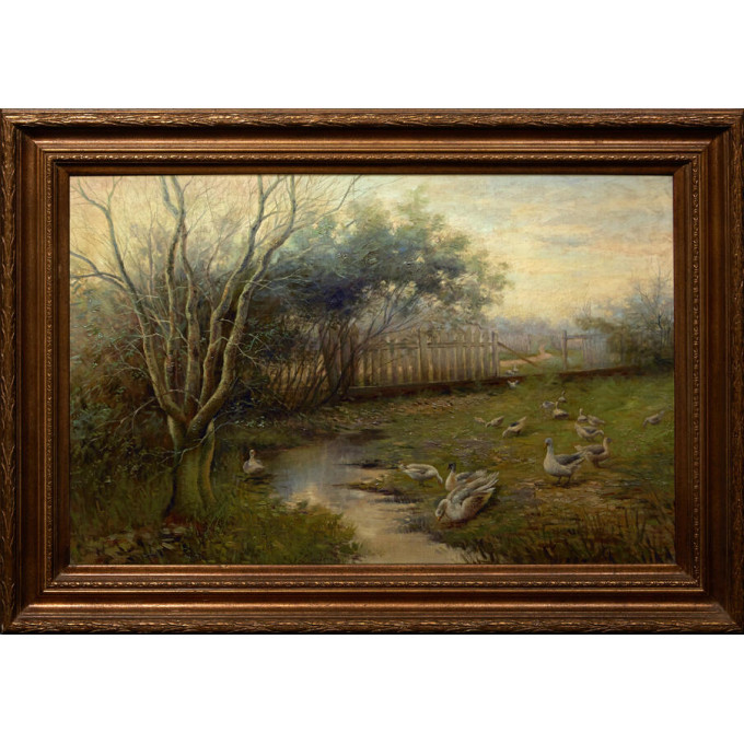 Appraisal: Chinese School Geese at the Meadow th c oil on