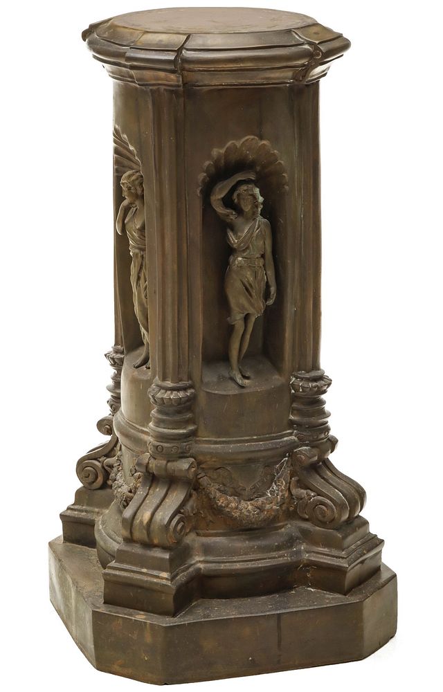 Appraisal: CAST BRONZE COLUMNAR PEDESTAL WITH FULL-BODIED FIGURES The semi-massive hollow