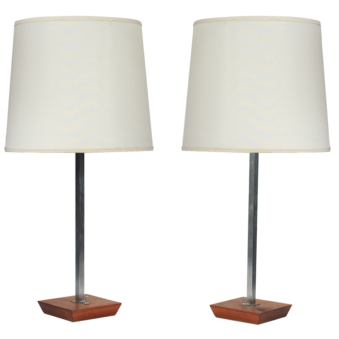 Appraisal: Nessen table lamps pair square wood bases polished steel stems