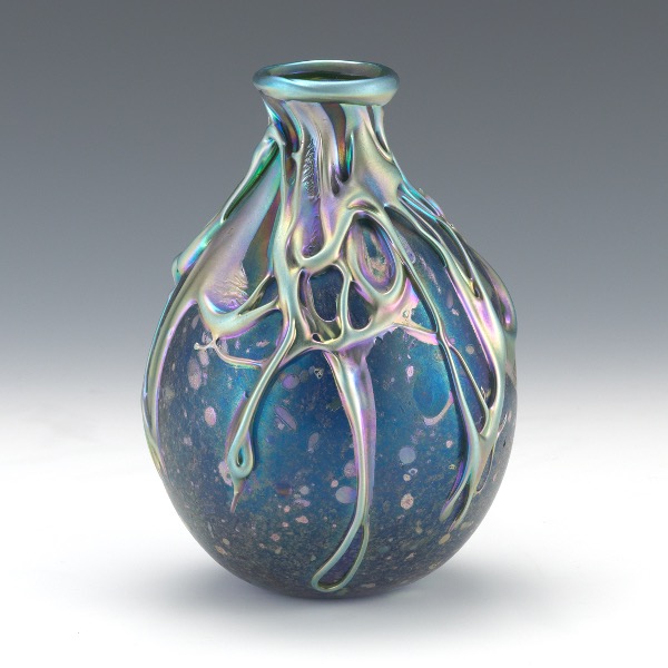 Appraisal: CHARLES LOTTON AMERICAN B x Peacock lava vase iridescent spotted