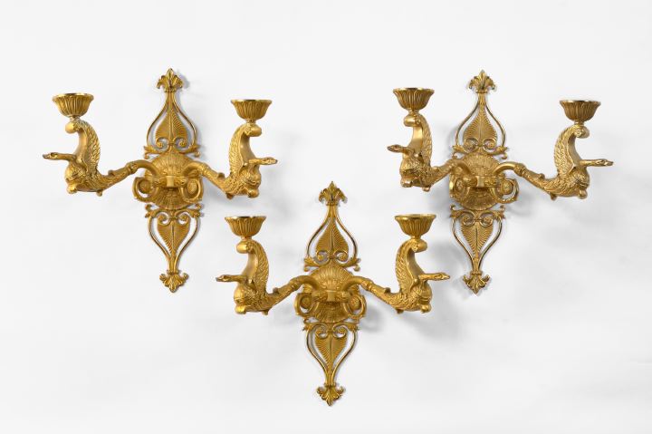 Appraisal: Trio of Imposing French Gilt-Bronze Swan Two-Light Appliques in the