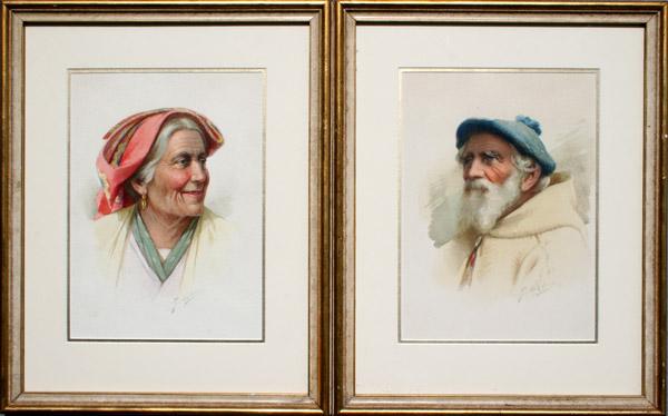 Appraisal: DELUCA G Italian th C Elderly Man and Woman Watercolor