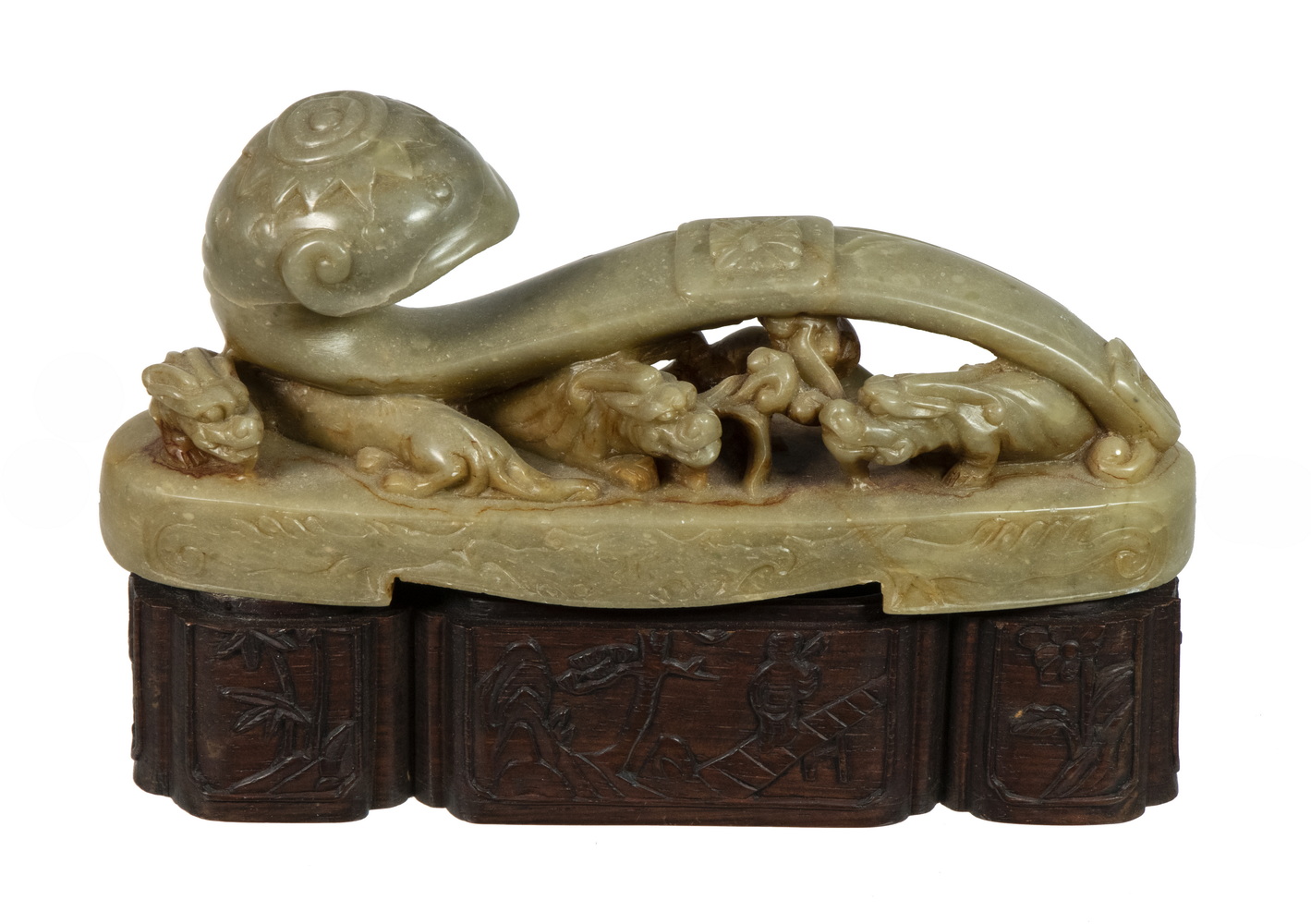 Appraisal: CHINESE JADE DISPLAY ROBE HOOK W ROSEWOOD BOX STAND The