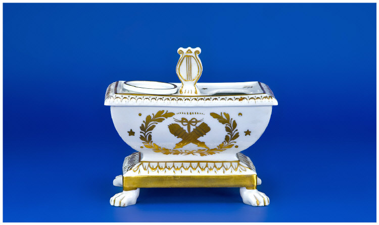 Appraisal: French Empire Style Inkstand Sarcophagus Shape in White with Gilt