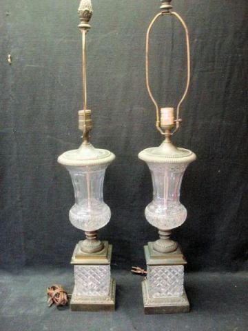 Appraisal: Pair of Glass and Gilt Metal Lamps Urn Form From