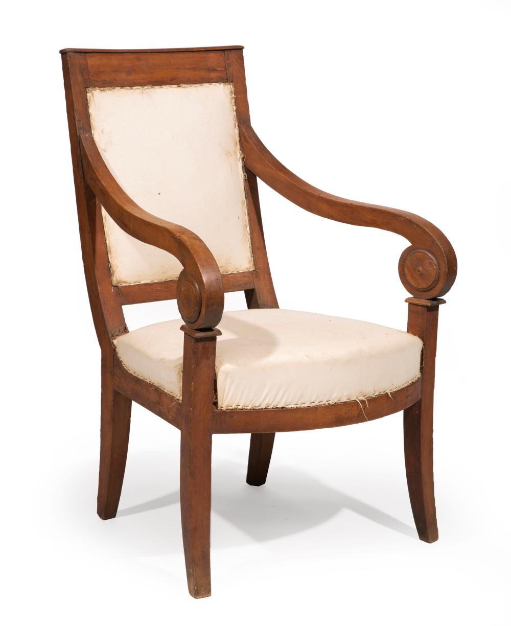 Appraisal: Louis Philippe Fruitwood Fauteuil heavily scrolled arms flared legs h