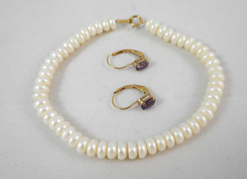 Appraisal: PEARL BRACELET AND AMETHYST EARRINGS The bracelet measures - inches