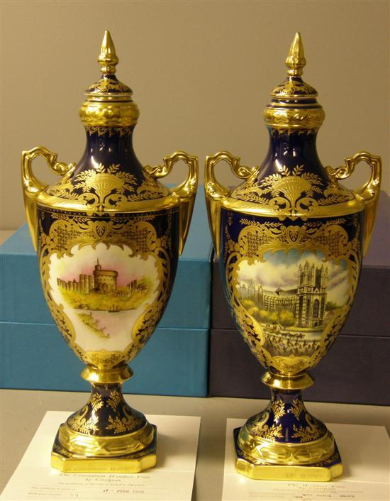 Appraisal: Pair of Coalport Silver Jubilee vases and covers one painted