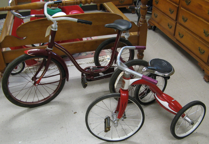 Appraisal: THREE VINTAGE TRICYCLES purple Colson chain drive red white Colson