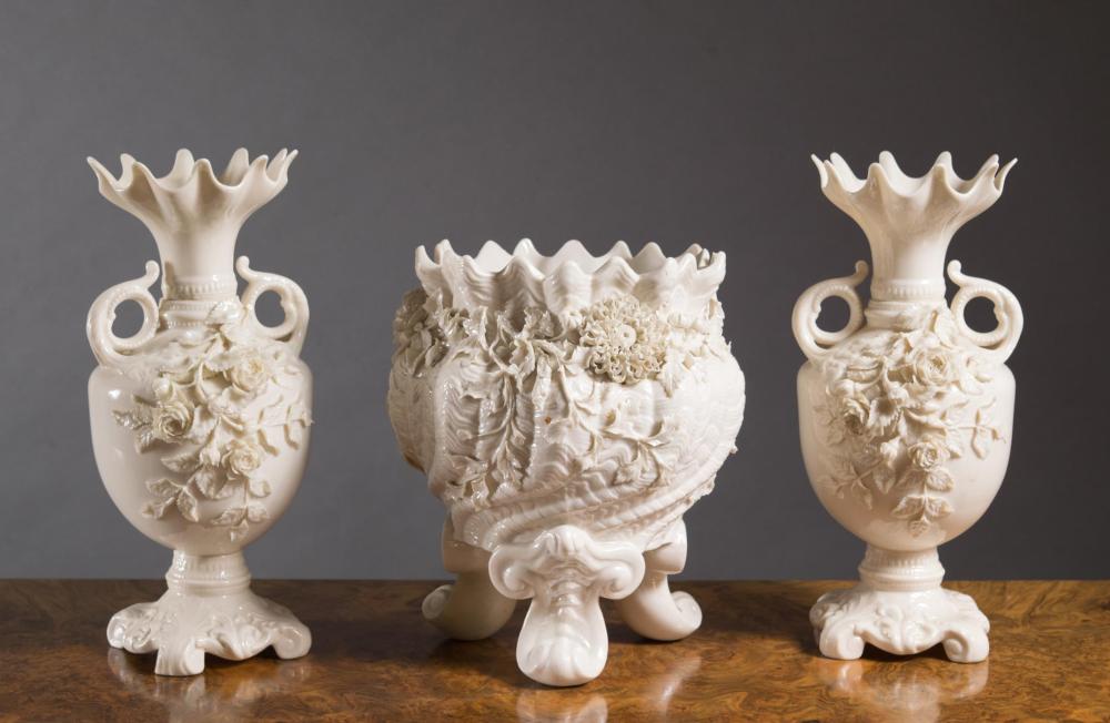 Appraisal: THREE BELLEEK PARIAN PORCELAIN VESSELS comprised of Belleek Flower Pot